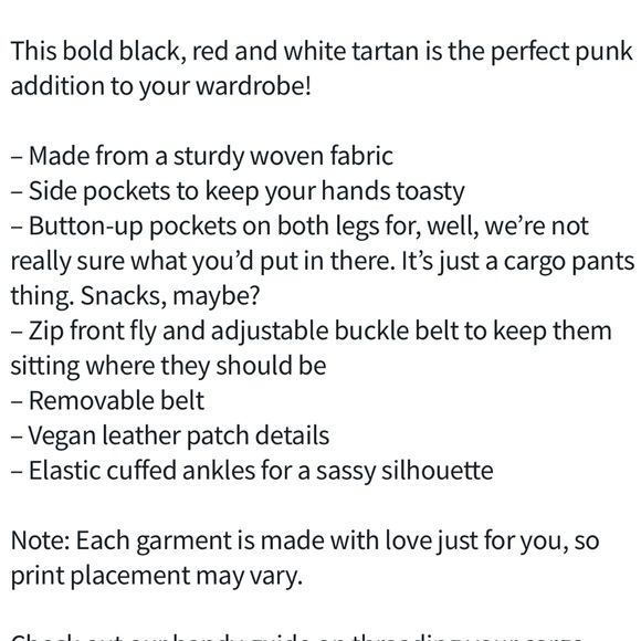 TARTAN TWILIGHT CARGO PANTS  LIMITED SIZE 10 NWOT BLACK RED WHITE BLACKMILK BM - Picture 5 of 7